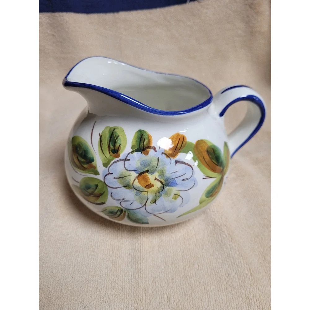 FTD Vintage Hand Painted Italy Ceramic‎ Floral Creamer Pitcher Blue White Small